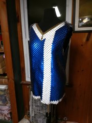Blue scale shirt, medium with white, gold, and copper accent.